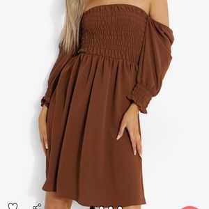 Off-the-shoulder shirred puff dress